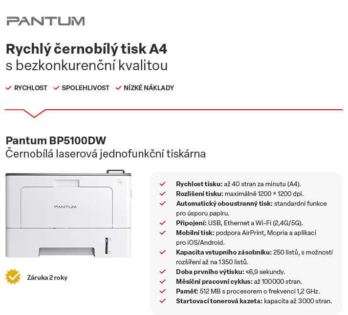 Pantum BP5100DW - ernobl laserov jednofunkn tiskrna